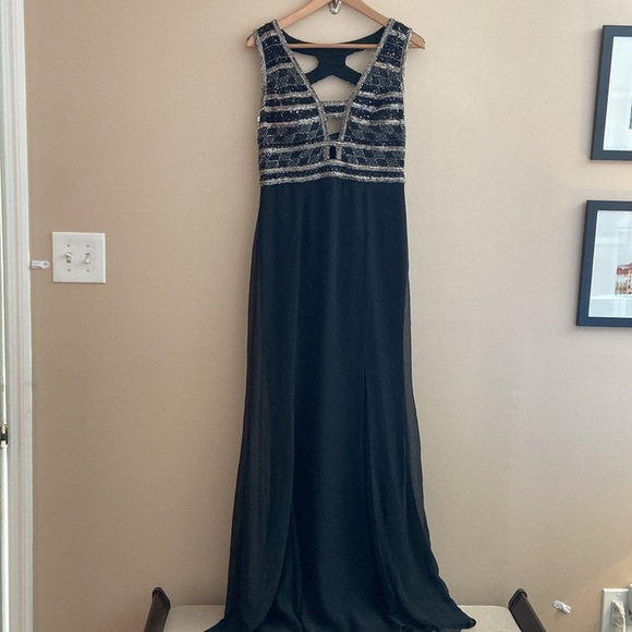 Adrianna Papell - Sequined Cutout Bodice High Slit Maxi Dress - Picture 10 of 16